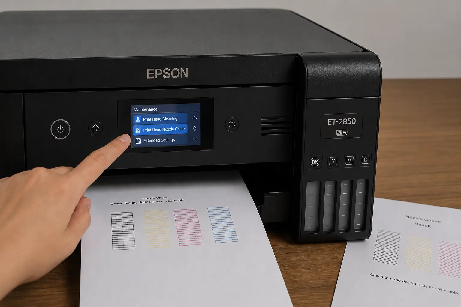 Close-up of an Epson EcoTank printer displaying the Print Head Nozzle Check option on the maintenance screen during a printer troubleshooting process